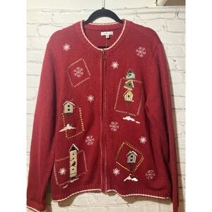 Croft & Barrow XL Cardigan Sweater Knit Birdhouse Winter Embroidered NWT